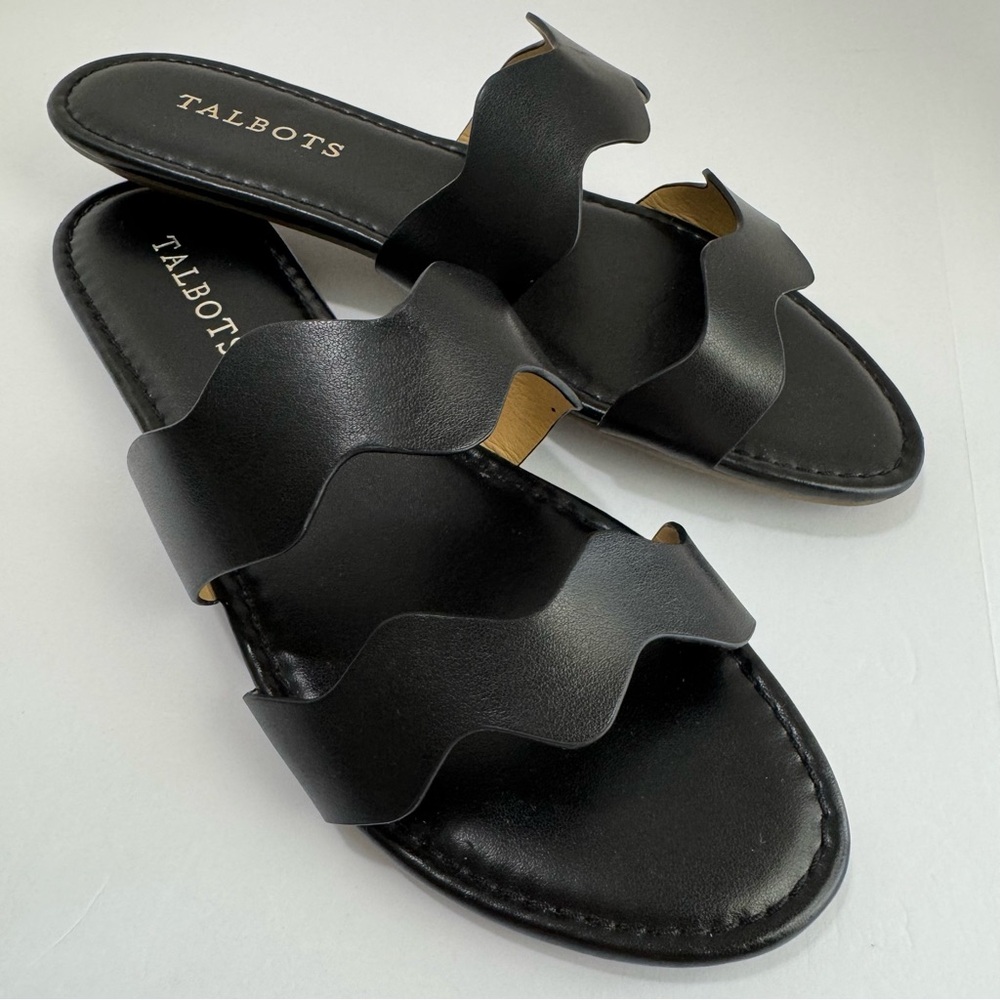 Talbots Black Double Strap Slide Sandals Womens 7M Slip On Flat Minimalist Shoes